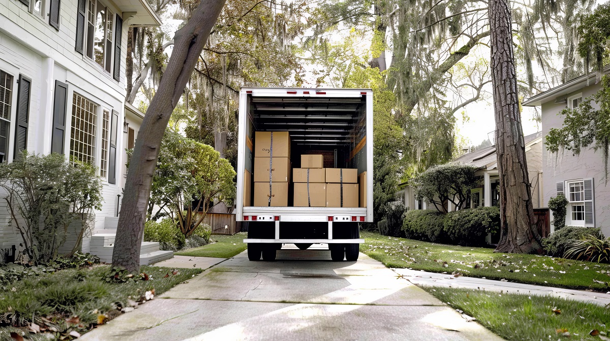 Caminhão de mudança carregado de caixas